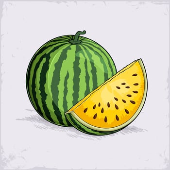 Hand drawn juicy organic yellow watermelon with a fresh slice and black seeds full of vitamins vector