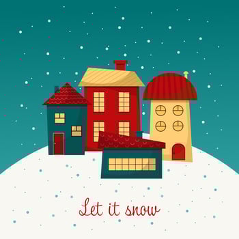 Christmas city. Winter landscape, houses. Let it snow. Postcard, cartoon poster. illustration. vector