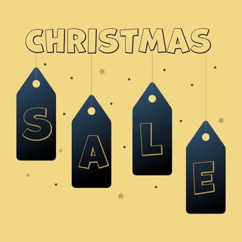 Christmas sale. background with inscription and price tags. Promotional offer, discounts. Blue, yellow and gold color. vector