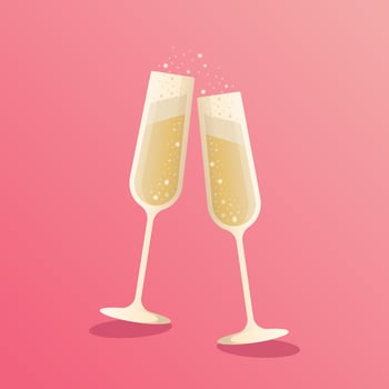 Glasses with champagne on a pink background. Sparkling wine, bubbles. Holiday design, illustration. Icon, single object vector