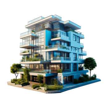 a blue apartment building with a tree on the top. png