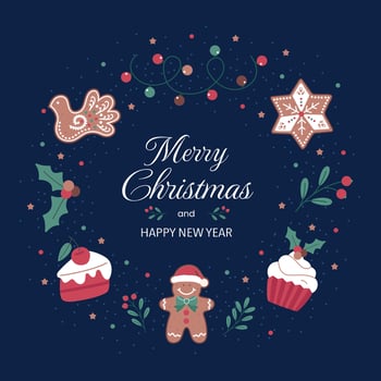Merry Christmas and Happy New Year card with cookies, cupcakes, cakes, and garlands and gingerbread on a blue background vector