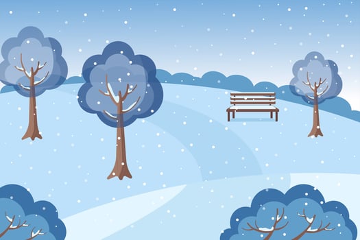 Winter landscape. Snowdrifts, trees, bench. Seasonal illustration. vector