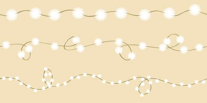 Seamless garlands with white light bulbs different sizes. The wires have loops and waves. Christmas, New Year decoration isolated on brown. vector