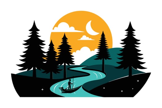River Illustration, Sunset Landscape, Nature Scene, Boat, Man vector