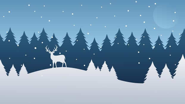 A serene winter forest scene featuring a silhouette of a deer on a snowy hill, surrounded by pine trees under a starry night sky. Perfect for holiday designs, winter themes, and seasonal projects. vector
