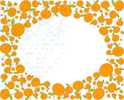 Christmas wreath design with mandarins. Oval holiday decoration in rectangle, ornament frame, template, Xmas round decor with tangerine fruits. Graphic illustration isolated on transparent background vector