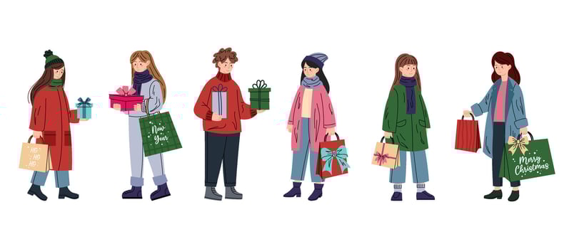 Set of flat illustrations of people. Different people with gifts. Preparation for holidays. Girl, boy, adult, teenager on white background. vector