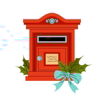 Mailbox. Vintage red coloured metal box for letters and postcards. Blue bow. Winter berry leaves. Flat illustration on white background. vector