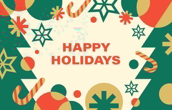 Christmas horizontal banner in geometric flat style. Minimalistic modern background with abstract elements. Red, green, gold and beige colors. vector