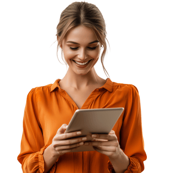 Attractive Woman Smiling and Holding a Tablet on Transparent Background png