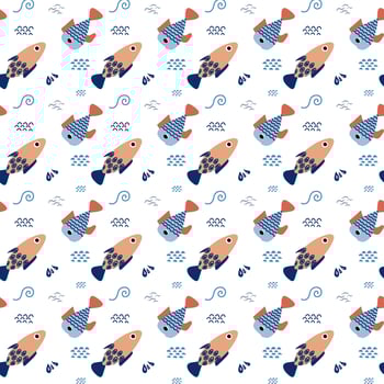 Colorful fish pattern displaying various aquatic designs on a white background suitable for fabric or wallpaper vector