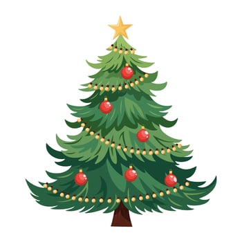 Christmas tree with toys and garland. Red Christmas balls and yellow lights. illustration on a white background. vector