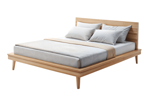 A bed with a wooden frame and white sheets png