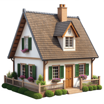 A small house with a brown roof and green shutters png