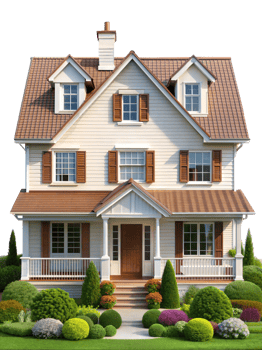 A house with a brown roof and white trim png
