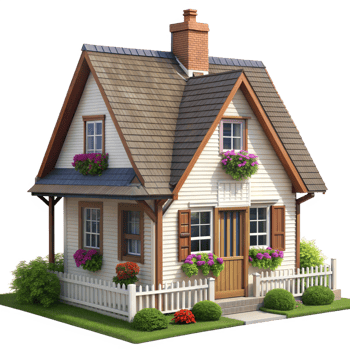 A small house with flowers on the front porch png