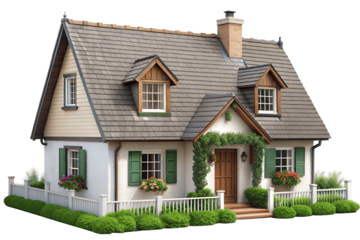 A small house with a white picket fence and a green door png
