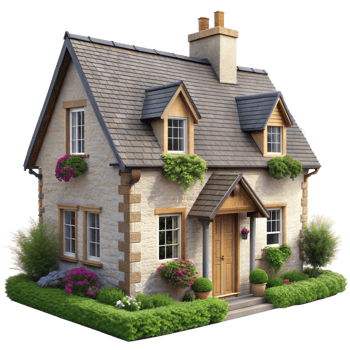 A small house with a garden and flowers png