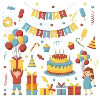 Cartoon birthday party decorations. Gifts presents, sweet cupcakes and celebration cake. Colorful balloons, carnival celebration food and candy. Isolated illustration icons set. vector