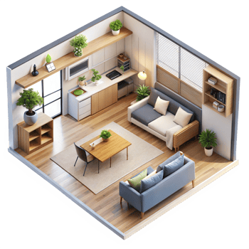 A 3d rendering of a living room and kitchen png