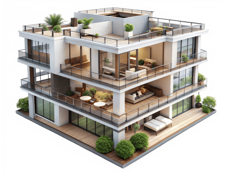 A 3d rendering of a modern apartment building png