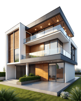 Modern house design with large windows and balcony png