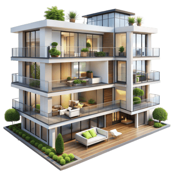 A modern apartment building with balconies and plants png