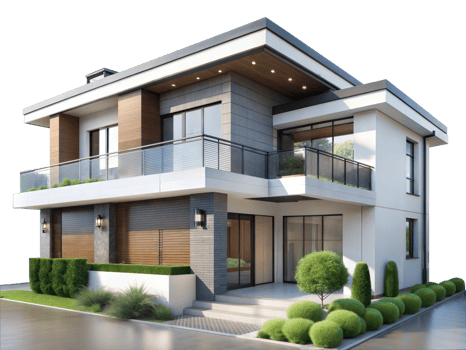 Modern house design with balcony and landscaping png