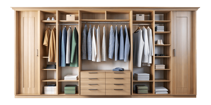 A wooden closet with clothes and clothes png