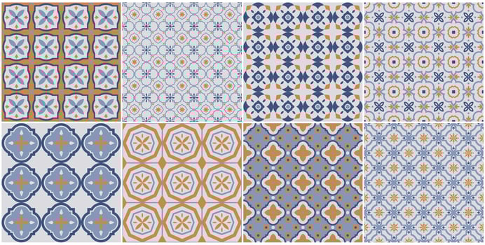 Collection of seamless geometric mosaic patterns - trendy color tile textures. Decorative bright ornamental backgrounds. repeatable prints vector