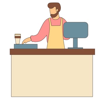 Cashier at the counter with a cup of coffee vector