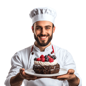 A man in a chef hat holding a cake png