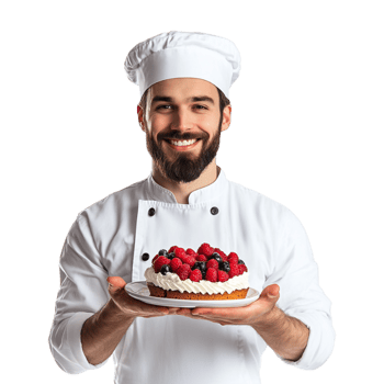 A man in a chef hat holding a cake with berries png