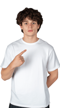 Young man pointing with serious expression wearing plain white t-shirt on transparent background png