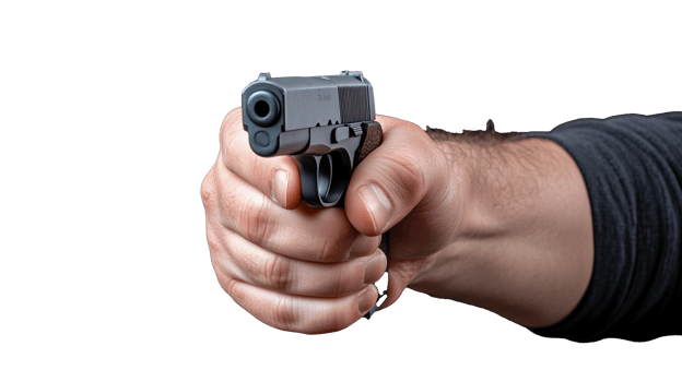 Hand holding a handgun with focus on grip and trigger on transparent background png