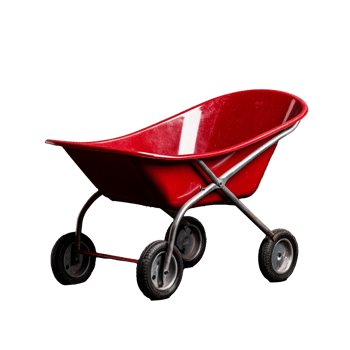 Red wheelbarrow with metal frame and rubber wheels on transparent background png