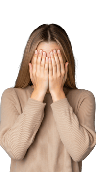 Woman covering face with hands expressing emotions on transparent background png