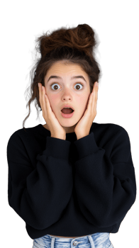 Surprised young girl with wide eyes and hands on face on transparent background png