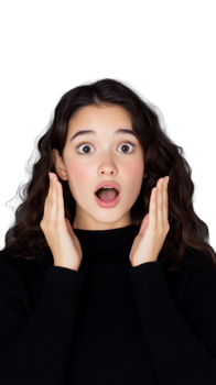 Surprised young woman with hands on face expressing shock on transparent background png