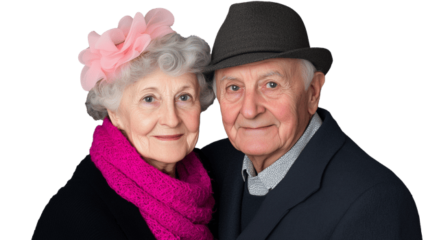Elderly couple smiling together with stylish accessories on transparent background png