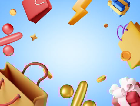 3d sale promotion concept. Render shopping banner. Percent sign, shopping bag, gift box and golden coins. vector
