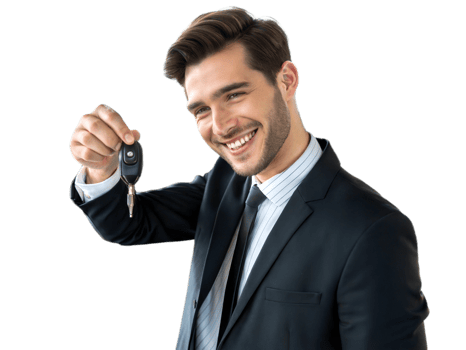 Portrait of elegant handsome young man holding car keys of new car, auto salesman, people isolated on transparent background png