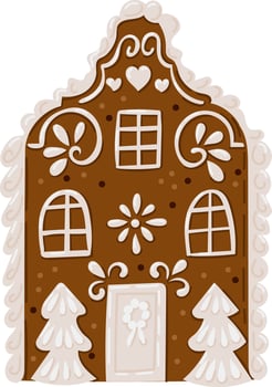 Charming gingerbread house illustration with intricate icing decorations, snowy details, and festive trees. Perfect for Christmas designs, holiday cards. hand drawn drawing vector