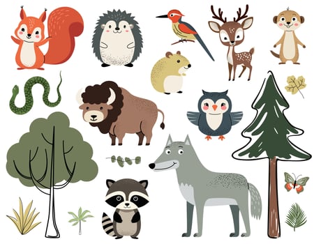 Woodland animals and trees. Cute forest animals. Squirrel, woodpecker, meerkat, snake, bison, owl, wolf, raccoon. vector