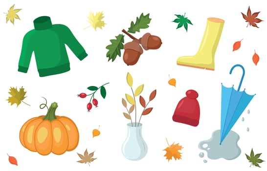 Set of autumn items on white background, flat, isolate on white vector