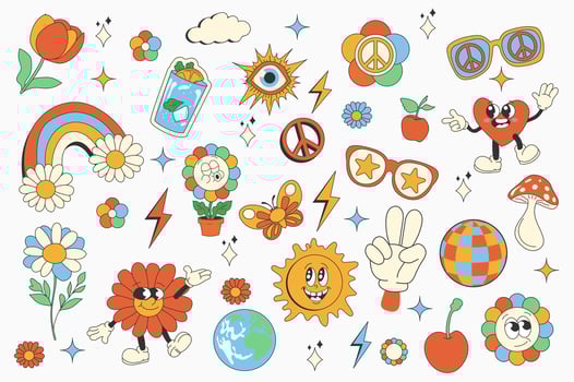 Vintage groovy set elements in flat graphic design. Collection of clouds, rainbow, eyes, peace, sunglasses, daisy, butterfly, heart, sun, mushroom, disco ball other funky mascots. illustration. vector