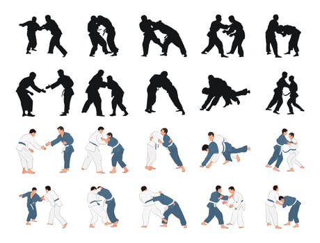 Set judokas in duel wrestling, martial arts, sport vector