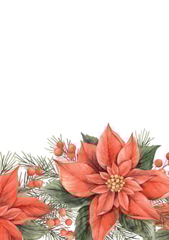 Poinsettia, Christmas red flower, for branch and red berries. Watercolor botanical frame for a card in Christmas style. Drawing for Christmas and New Year holidays, invitations, cards, banners. vector