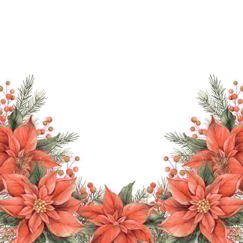 Poinsettia, Christmas red flower, fir branches and red berries. Watercolor botanical frame in Christmas style. Floral and plant trend. Drawing for Christmas and New Year holidays, invitations, cards. vector